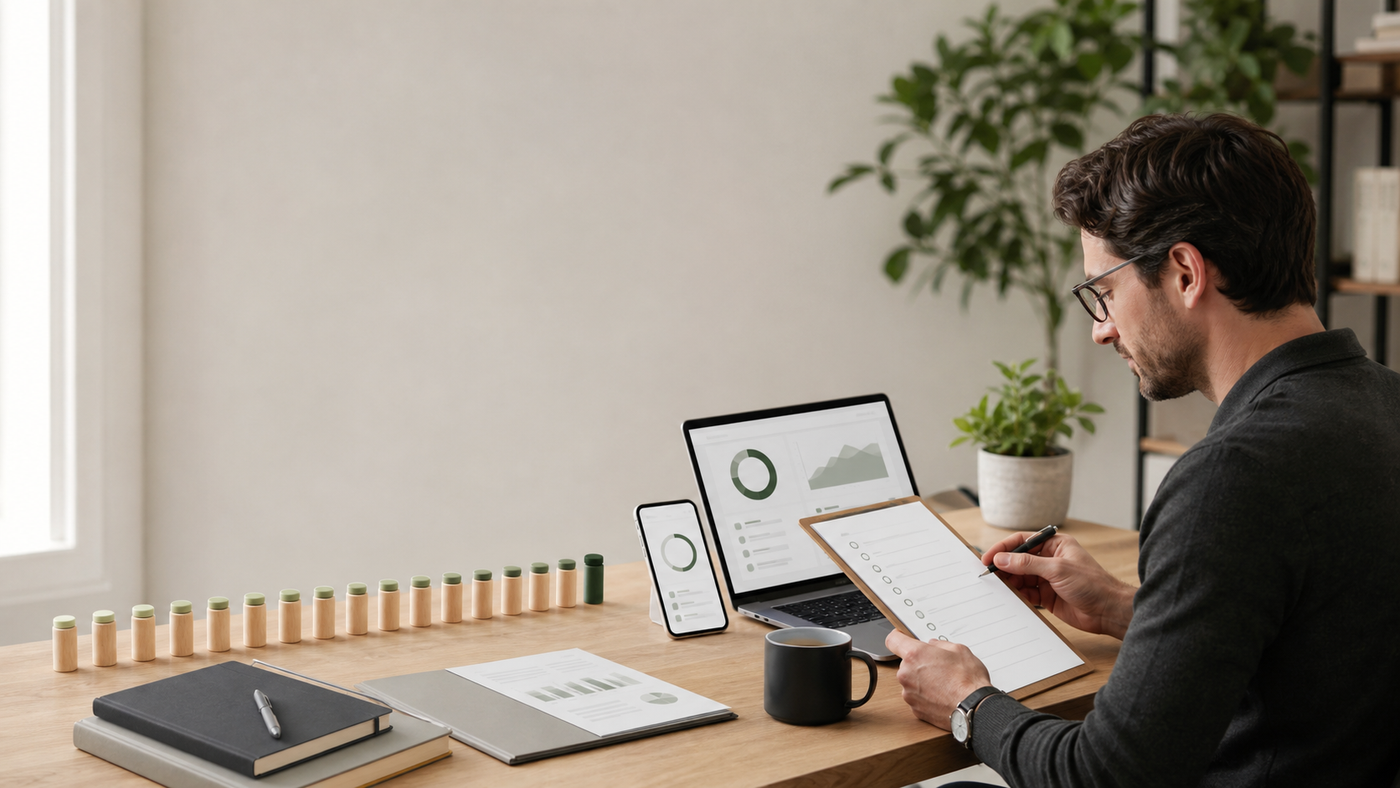 Investor reviewing an account-transfer checklist and a series of monthly payment markers