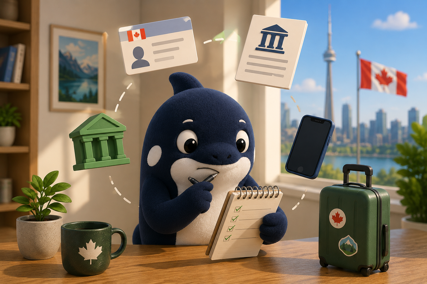 First month in Canada setup scene with suitcase, phone, cards, keys, and documents