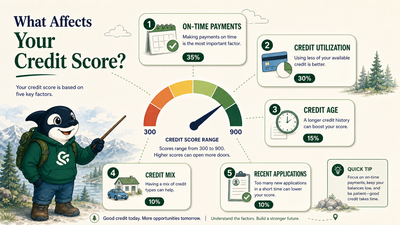 Canadian credit score infographic with score ranges and habits that help or hurt credit