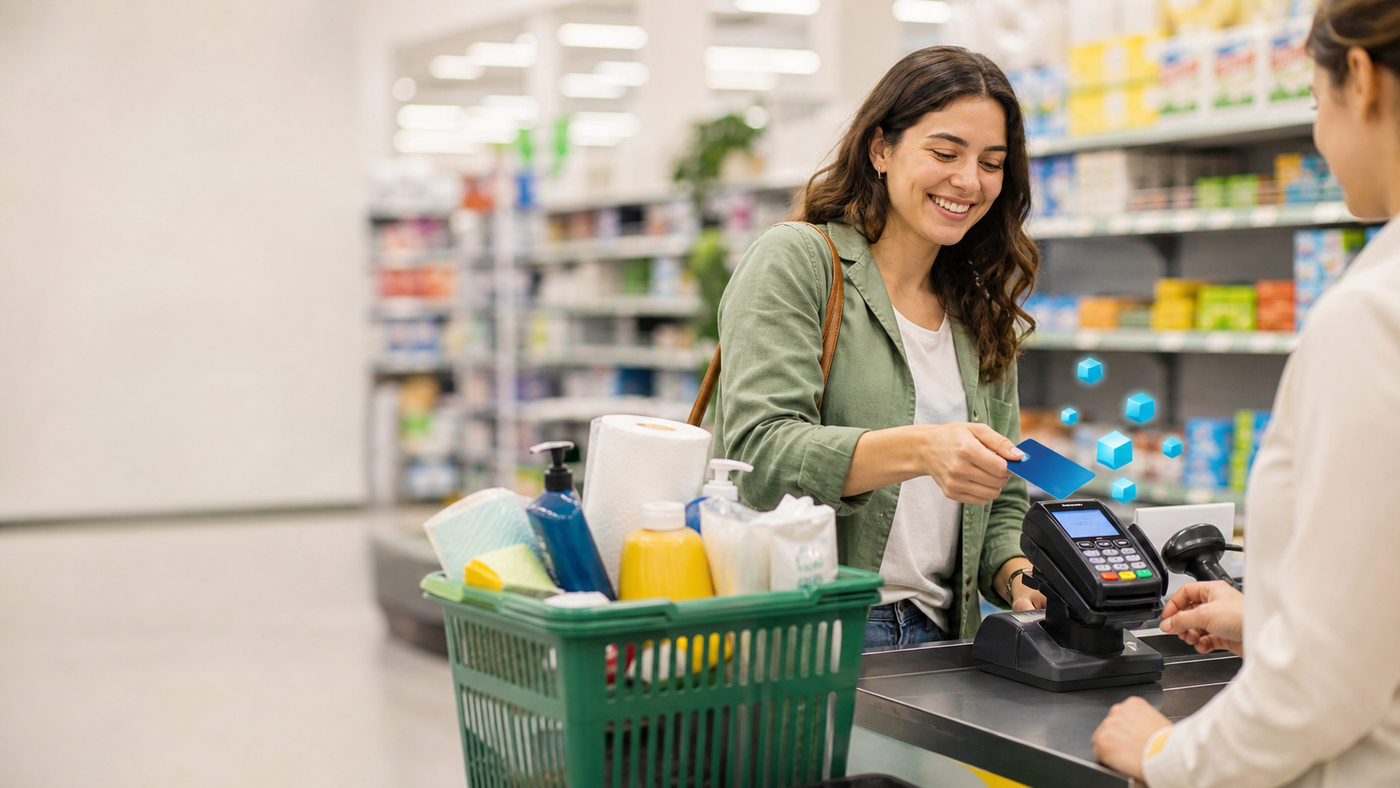 Shopper paying for household essentials with a generic blue card at a discount-store checkout