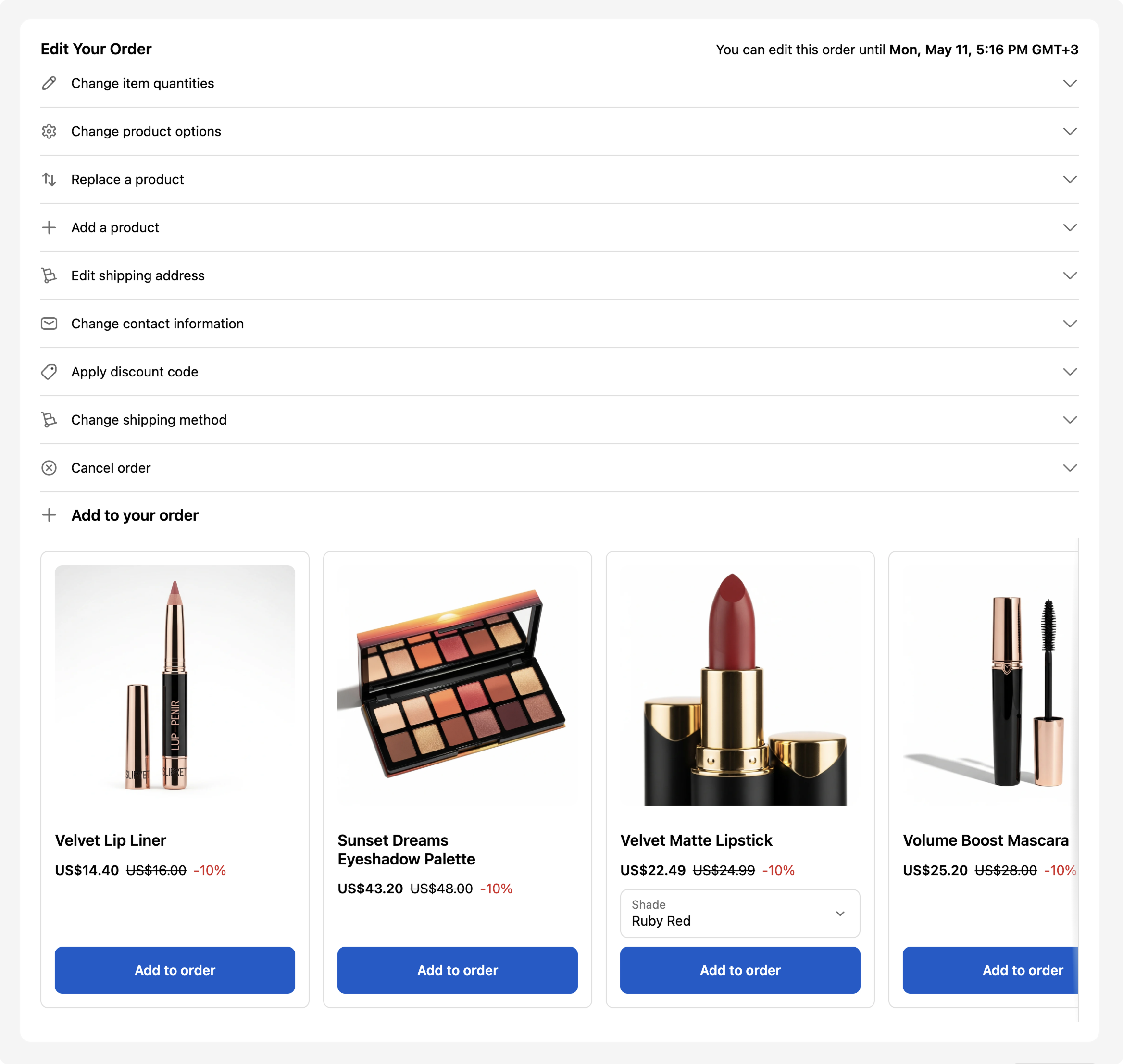 Triom Order Merger "Edit Your Order" interface listing self-serve edit actions inside the order status page