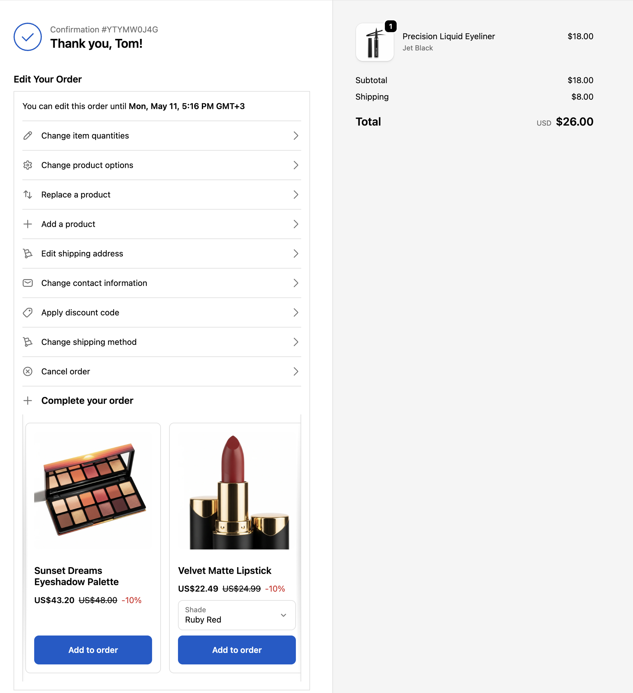 Shopify Thank You page with Triom Order Merger's "Edit Your Order" panel