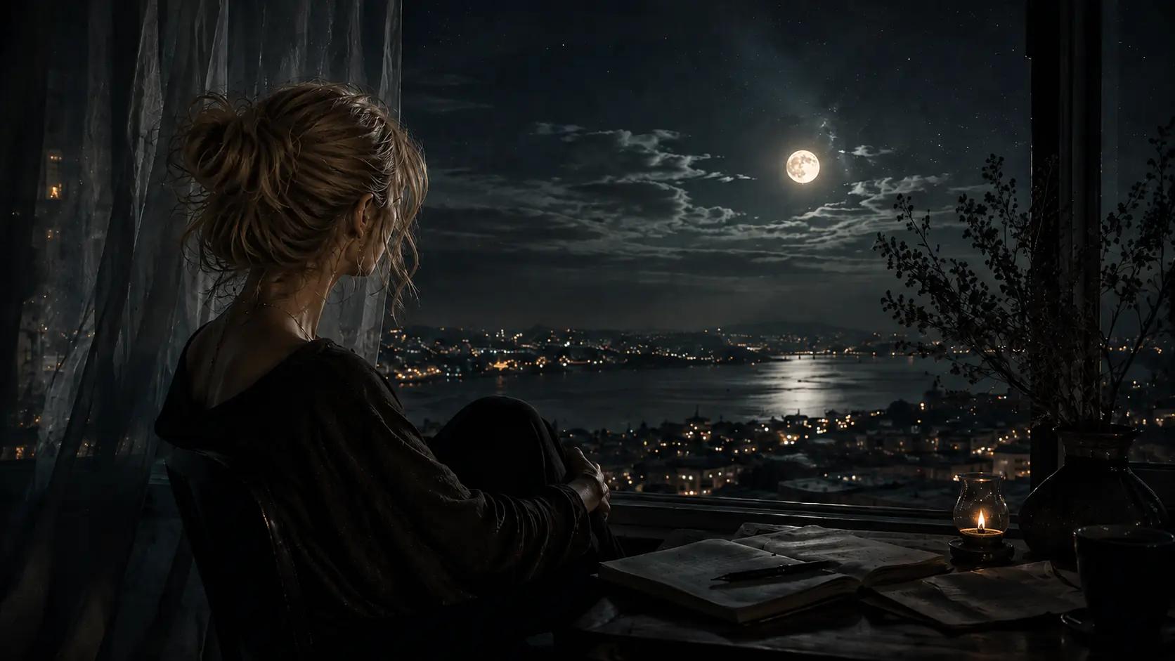 Ay ışığı altında gece manzarasını izleyen sarışın bir kadın.