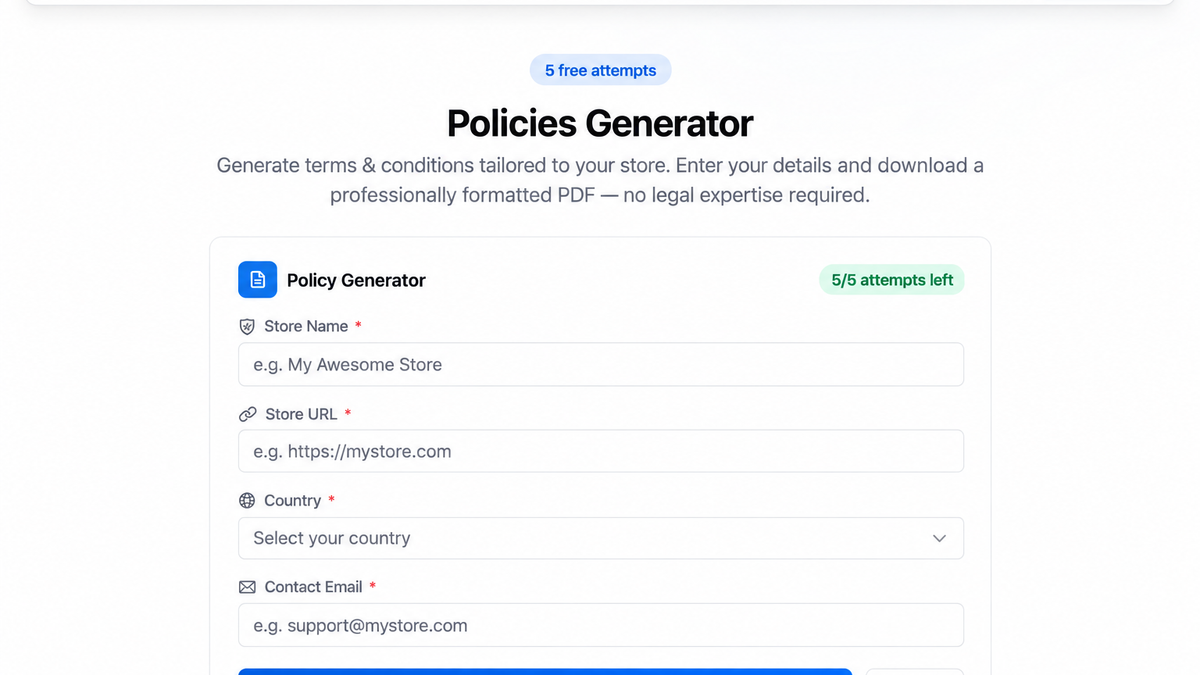 Drilify Policies Generator showing store name, store URL, country, contact email, free-attempt counter, and Generate Policy button