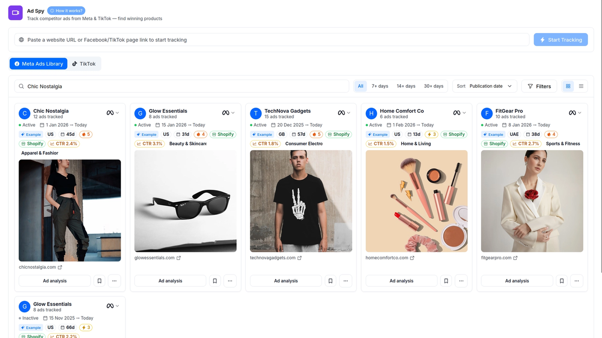 Drilify Ad Spy product-page interface visual with Meta and TikTok tabs, search, duration filters, sorting, and creative cards