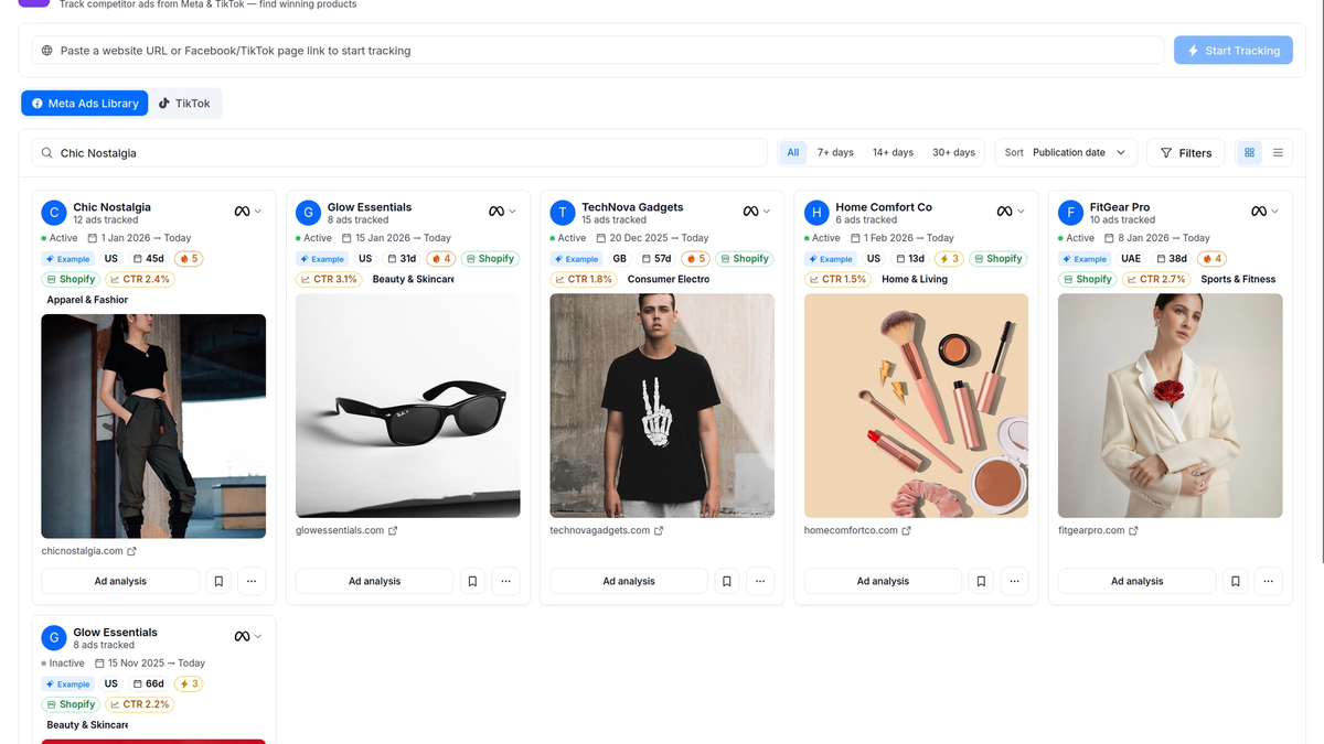 Drilify Ad Spy interface visual with Meta and TikTok research tabs, search, filters, and ad cards.