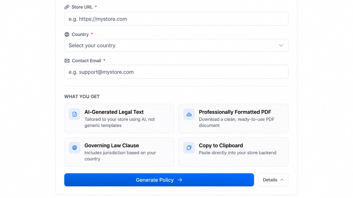 Drilify Policies Generator expanded details showing AI-generated text, formatted PDF download, governing-law clause, and copy-to-clipboard output