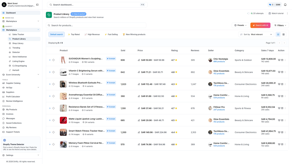 Official Drilify Product Library page example, showing its green product discovery interface.