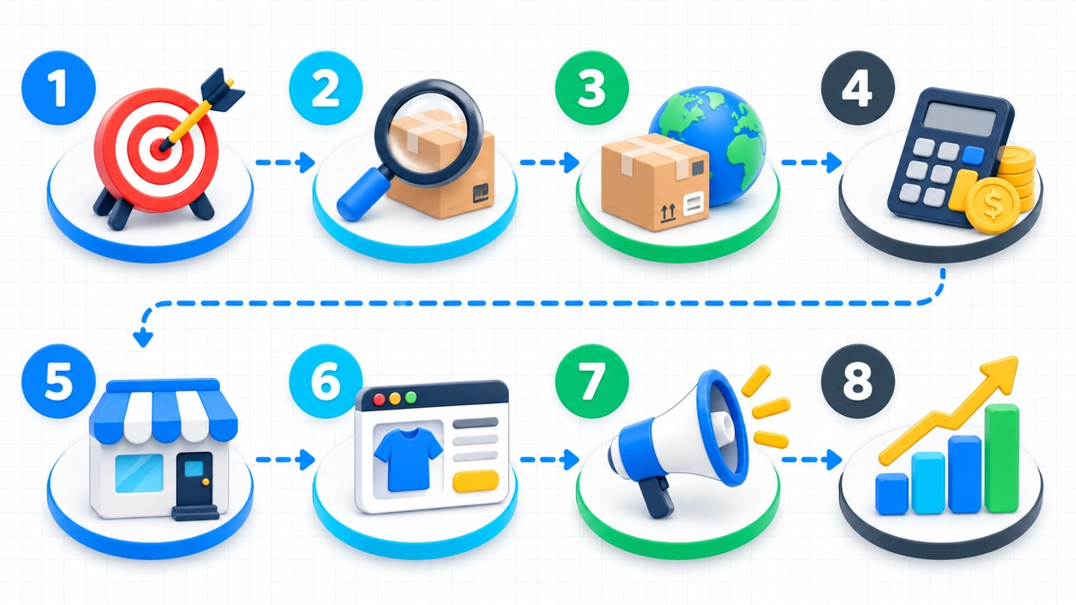 Eight numbered stages for starting a dropshipping business: market, product research, supplier, economics, store, listing, promotion, and measurement.