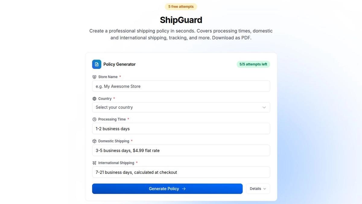 Drilify ShipGuard form showing store name, country, processing time, domestic shipping, international shipping, and the free-attempt counter.