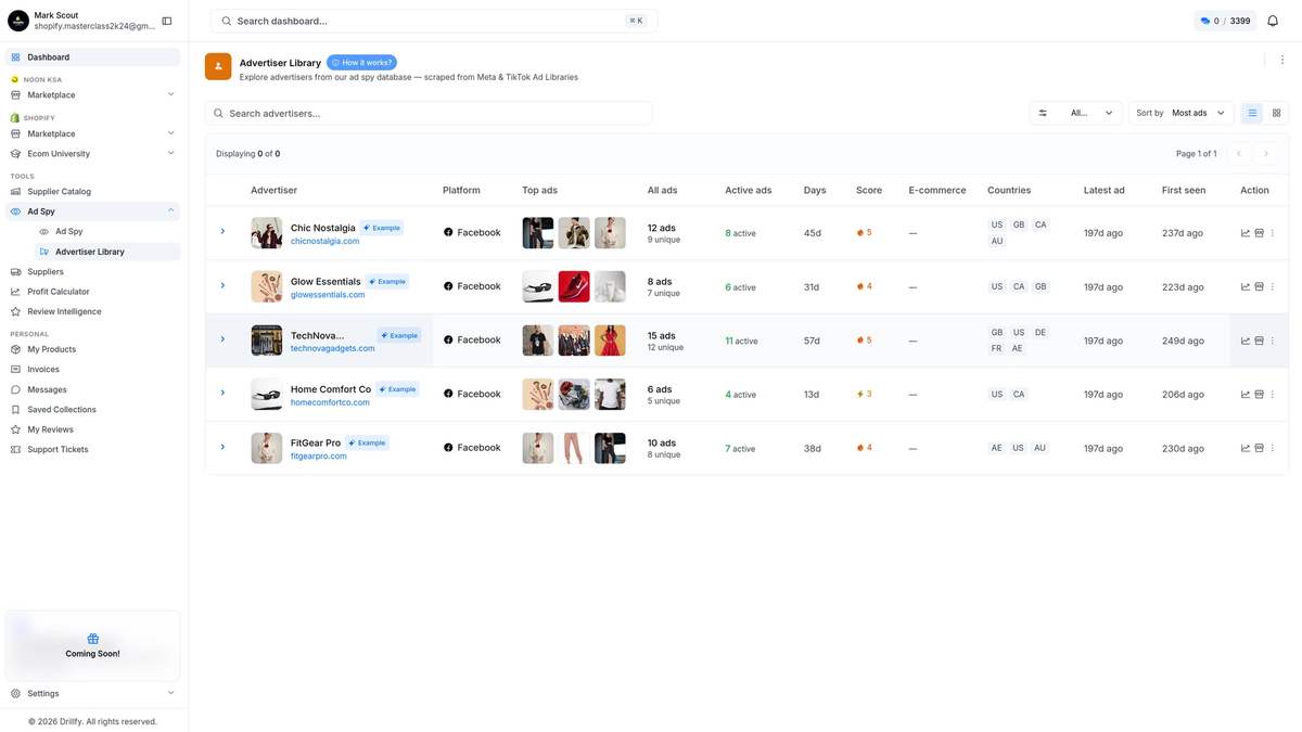 Drilify Advertiser Library showing activity, ad counts, countries, dates, and direct research actions.