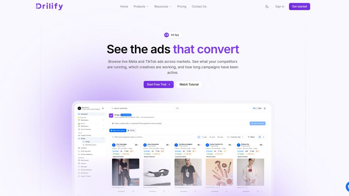 Drilify development product page showing the Ad Spy design and illustrative Meta and TikTok creative cards