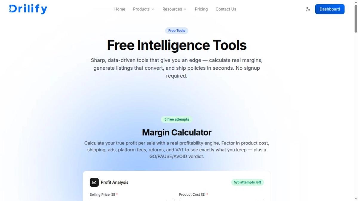 Drilify Profit Margin Calculator inputs for selling price, product cost, shipping, fees, and advertising cost.