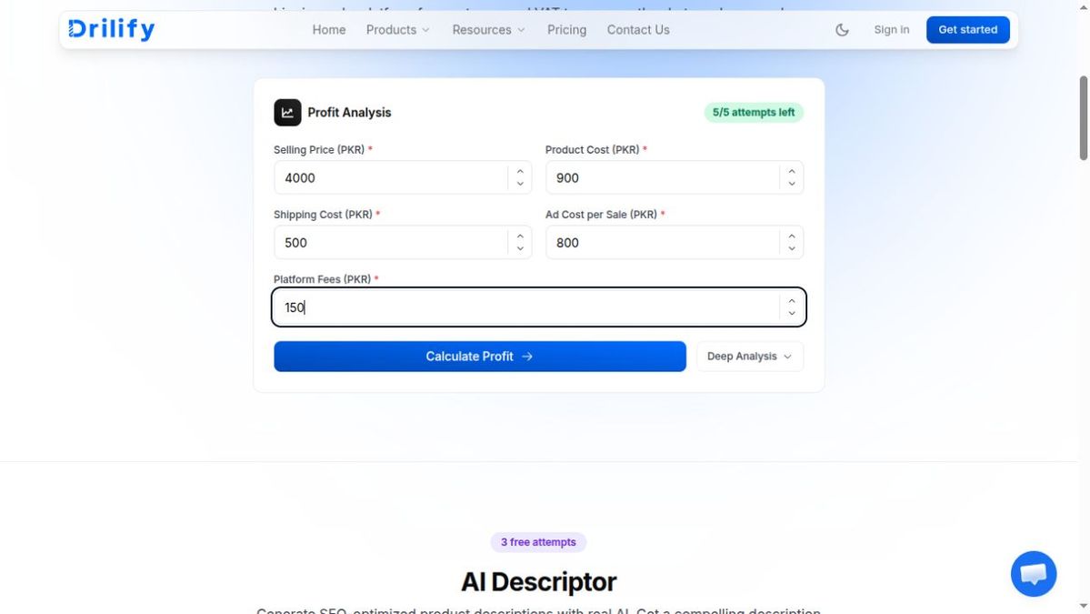 Real Drilify Margin Calculator input form showing selling price, product cost, shipping, ad cost per sale, and platform fees.
