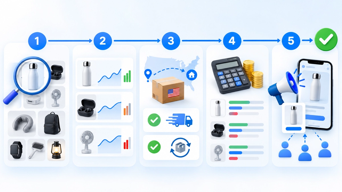 Five-stage USA dropshipping product validation workflow covering discovery, evidence, economics, fulfillment, and testing