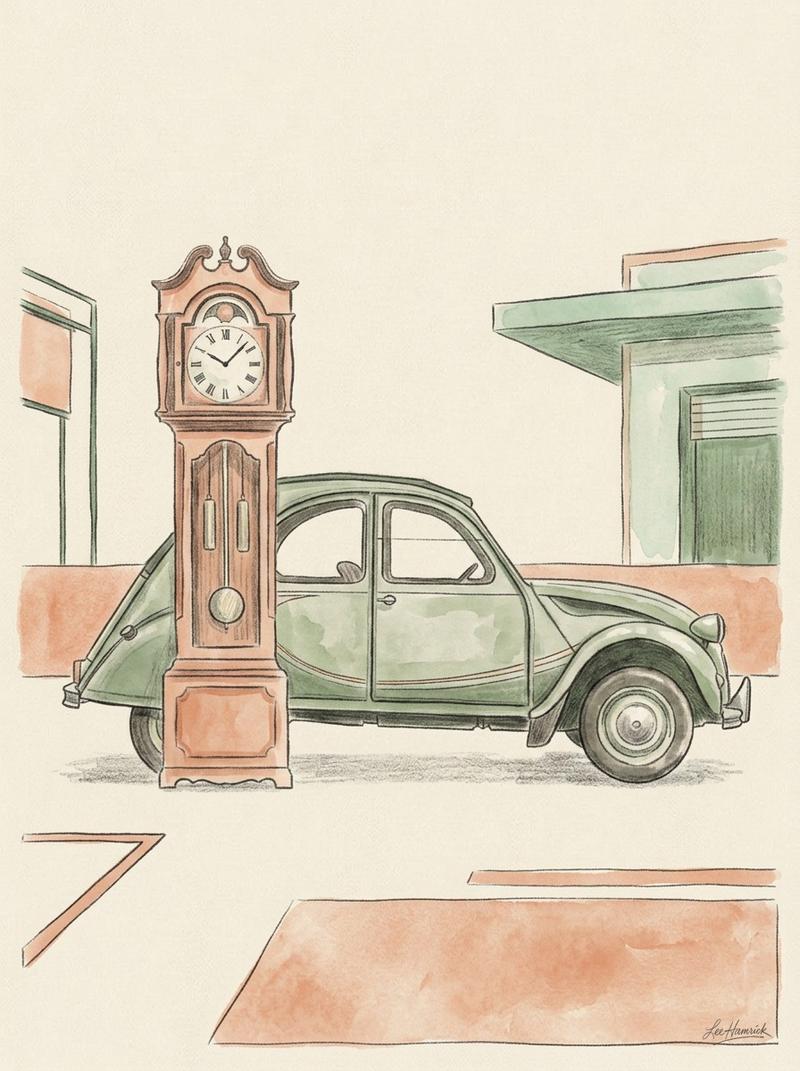 A full-size grandfather clock standing beside a 1983 Citroën 2CV in a track paddock.