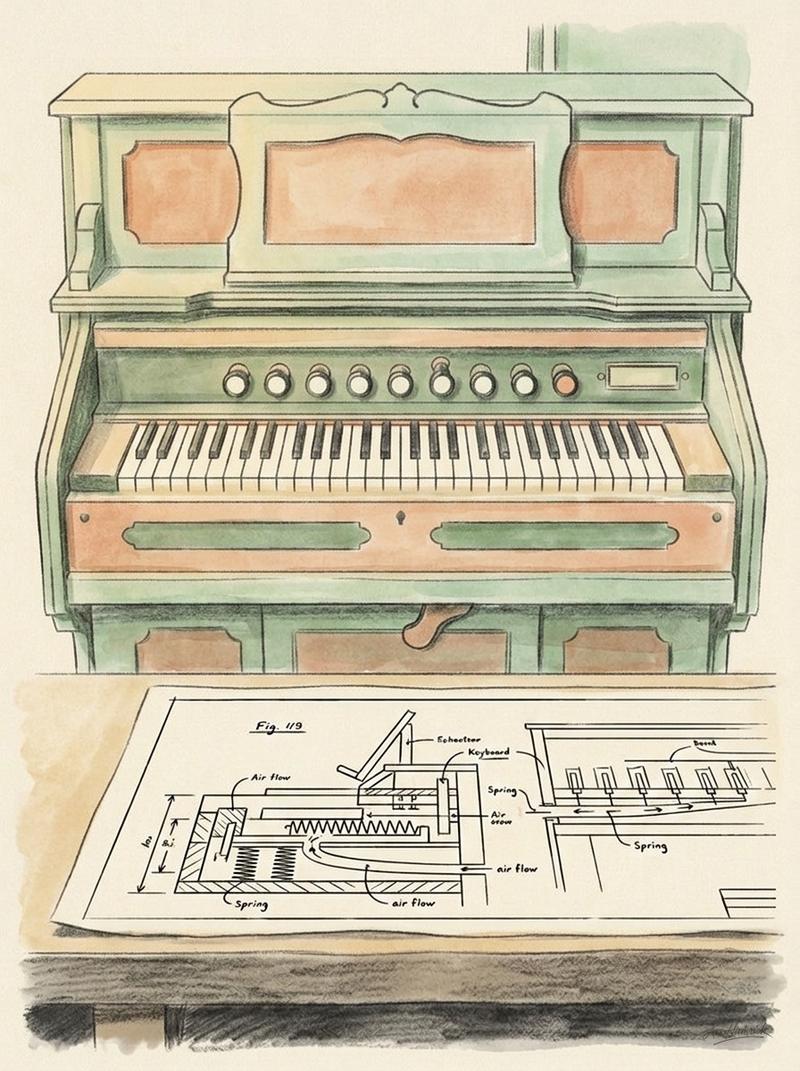 A period-accurate Japanese reed organ of the Meiji Restoration era, the type Torakusu Yamaha repaired and reverse-engineered at the Hamamatsu elementa