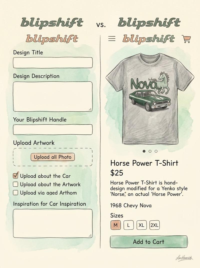 A side-by-side visual of a blank Blipshift submission form on one half and a completed product page on the other, showing the journey from empty field
