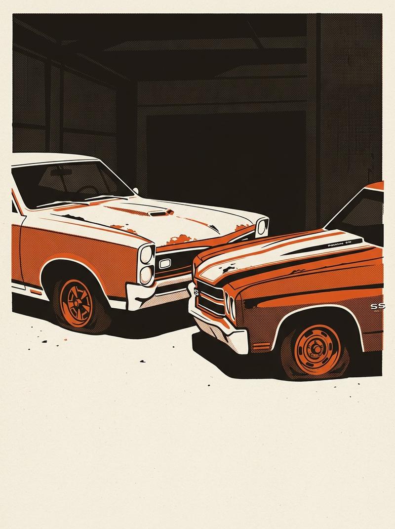 A Pontiac GTO and a Chevrolet Chevelle SS parked side by side inside a dim warehouse, both in unrestored barn find condition with flat tires and surfa