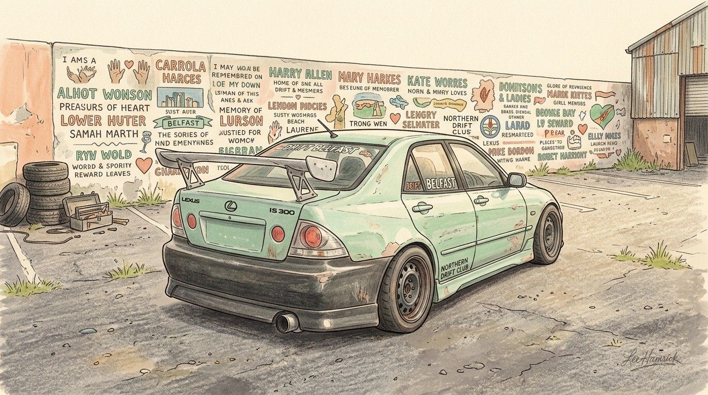 A grassroots drift car, a Lexus IS300 sedan, stationary on a rough tarmac lot outside Belfast, with a painted memorial wall visible in the background.