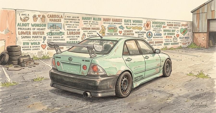 A grassroots drift car, a Lexus IS300 sedan, stationary on a rough tarmac lot outside Belfast, with a painted memorial wall visible in the background.