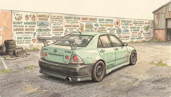 A grassroots drift car, a Lexus IS300 sedan, stationary on a rough tarmac lot outside Belfast, with a painted memorial wall visible in the background.