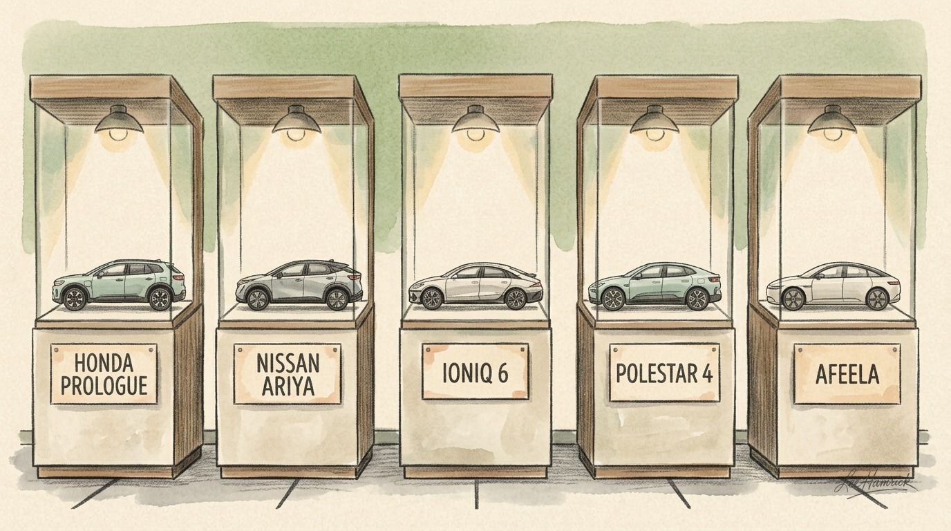 A row of empty dealership display pedestals, each bearing a nameplate for a discontinued 2026 U.S.-market EV (Honda Prologue, Nissan Ariya, Ioniq 6, P