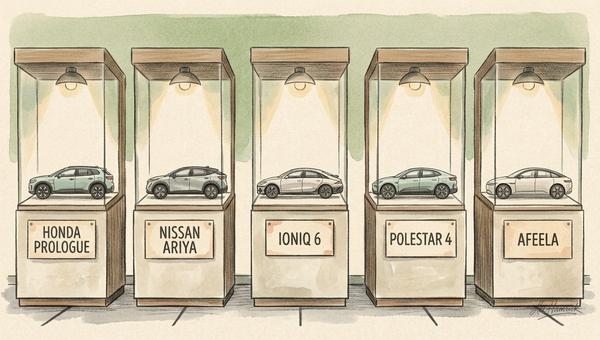 A row of empty dealership display pedestals, each bearing a nameplate for a discontinued 2026 U.S.-market EV (Honda Prologue, Nissan Ariya, Ioniq 6, P