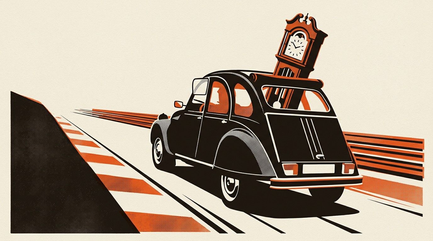 1983 Citroën 2CV with a grandfather clock loaded inside, at Lime Rock Park.
