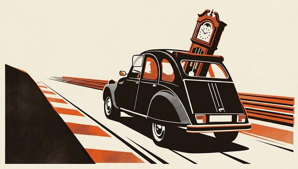 1983 Citroën 2CV with a grandfather clock loaded inside, at Lime Rock Park.