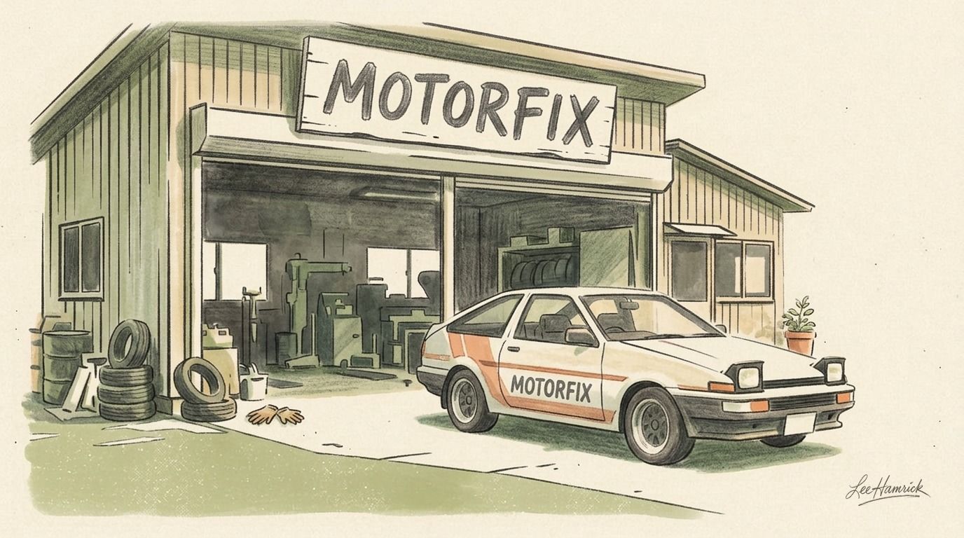 Nozomu Sakai's MotorFix workshop exterior, rural Japan.