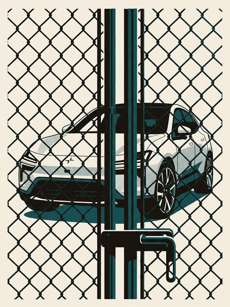 A conceptual image of a Polestar 4 behind a symbolic barrier, representing the regulatory ban, using a chain-link gate as the visual anchor based on t