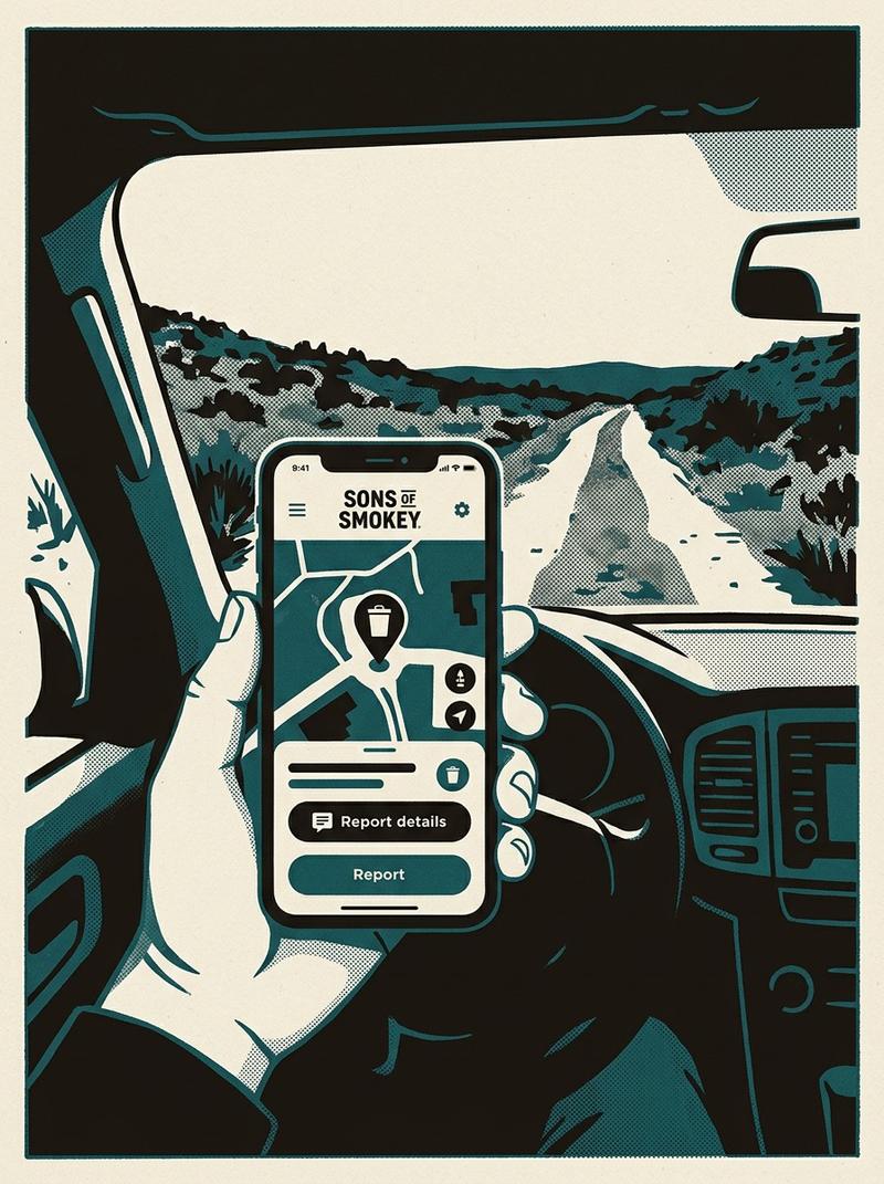 Sons of Smokey app trash-tagging interface displayed on a phone screen, with Oregon high-desert two-track terrain visible through a truck windshield i