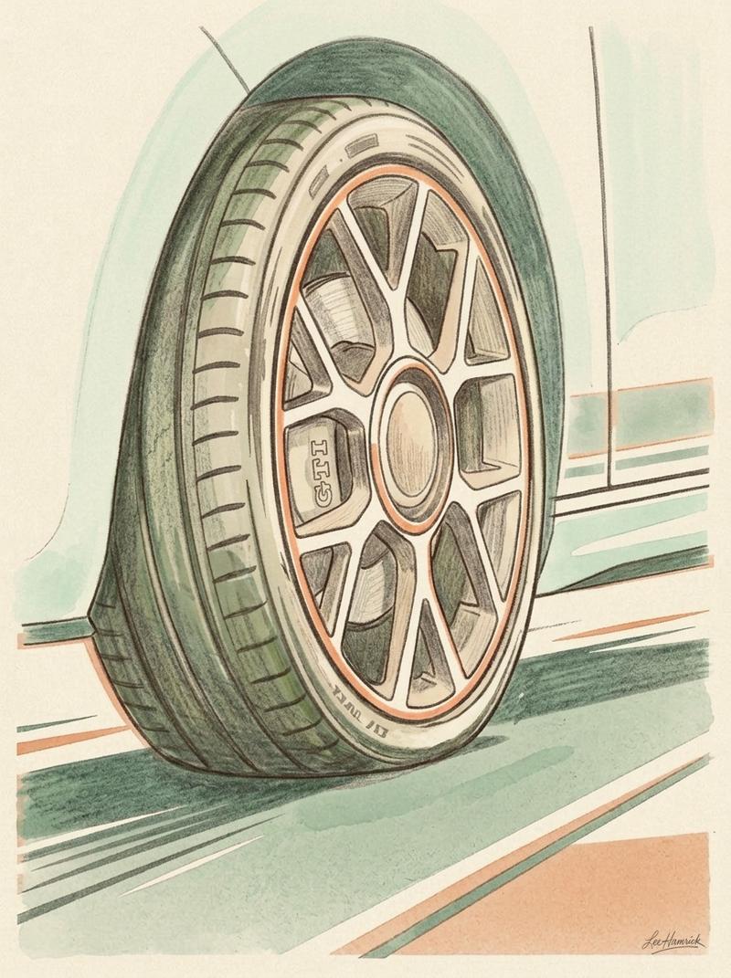 VW Up GTI front wheel and tire during a track session.