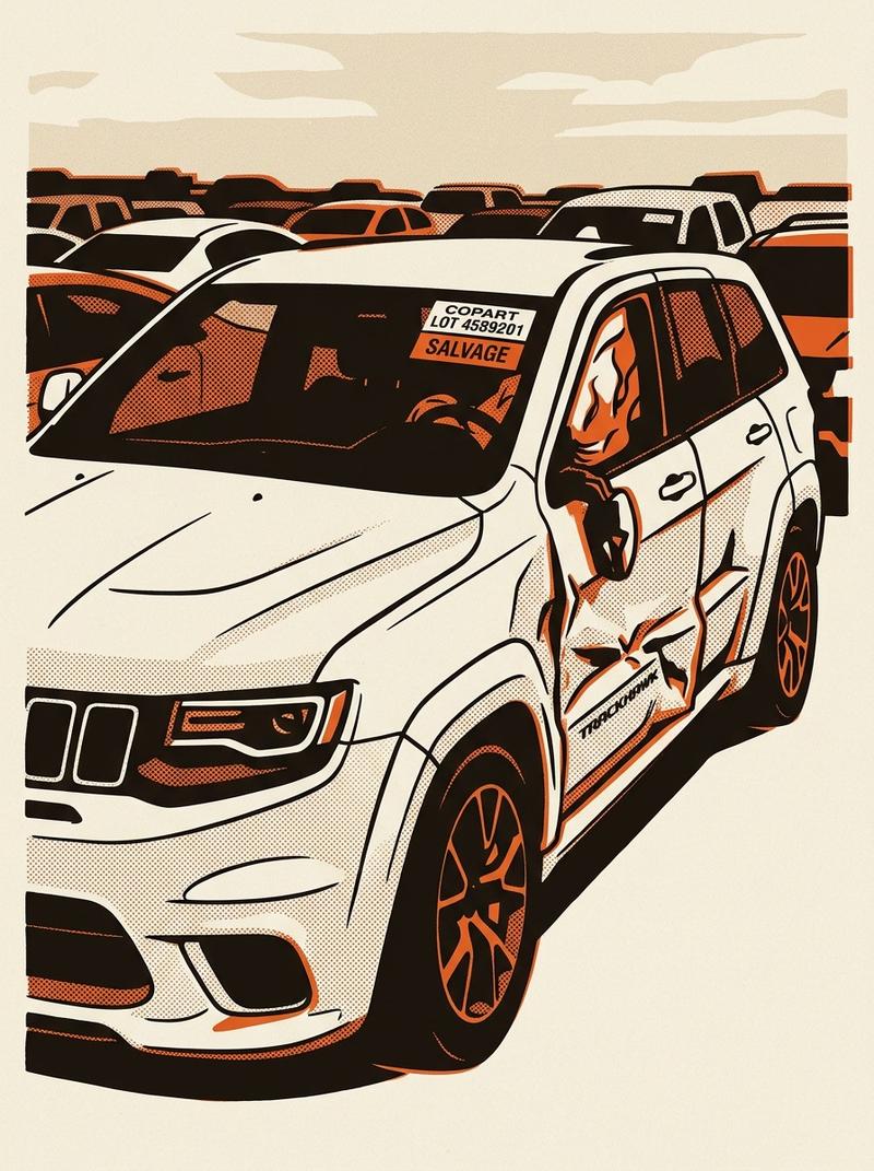Copart auction lot with a totaled widebody Jeep Grand Cherokee Trackhawk.