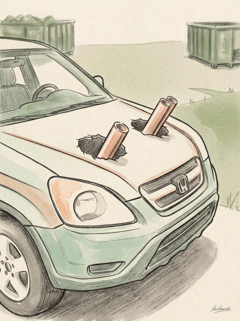 Second-generation Honda CR-V with straight-pipe exhaust routed through hood cutouts, Gambler 500 2026.