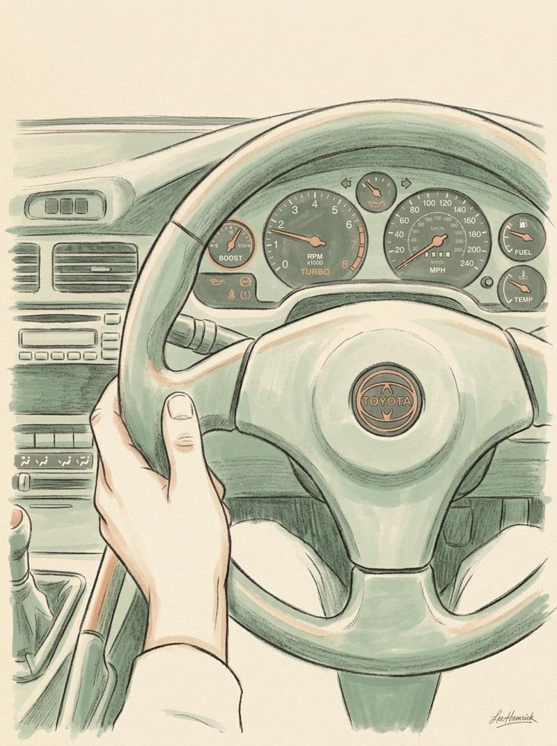 A tight crop of the unassisted steering wheel and instrument cluster of a second-generation turbocharged Toyota MR2, shot from the driver's perspectiv