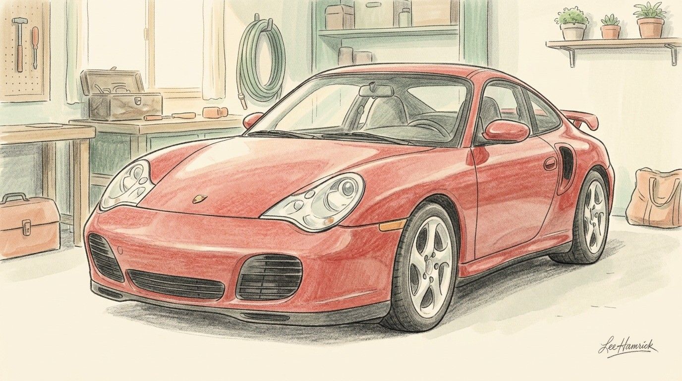 A 996-generation Porsche 911 Turbo in red, shot from a low three-quarter front angle at rest, the composite headlights and wide rear haunches filling