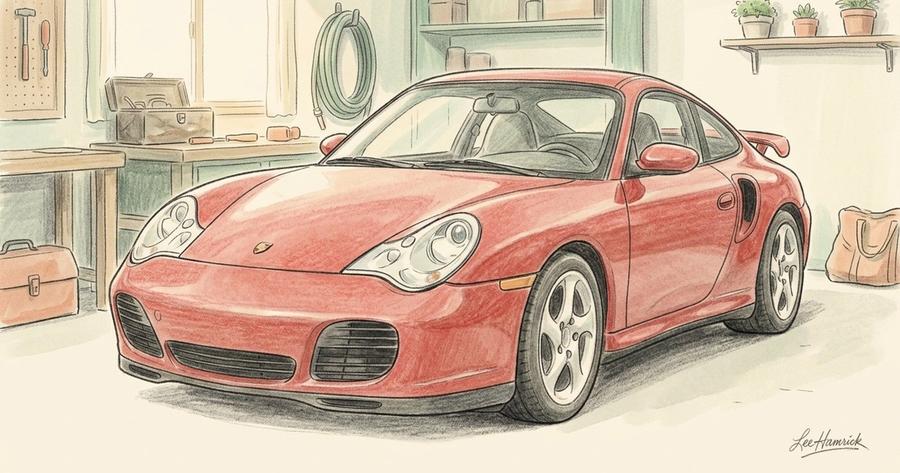 A 996-generation Porsche 911 Turbo in red, shot from a low three-quarter front angle at rest, the composite headlights and wide rear haunches filling
