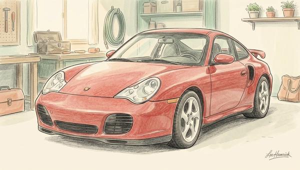 A 996-generation Porsche 911 Turbo in red, shot from a low three-quarter front angle at rest, the composite headlights and wide rear haunches filling