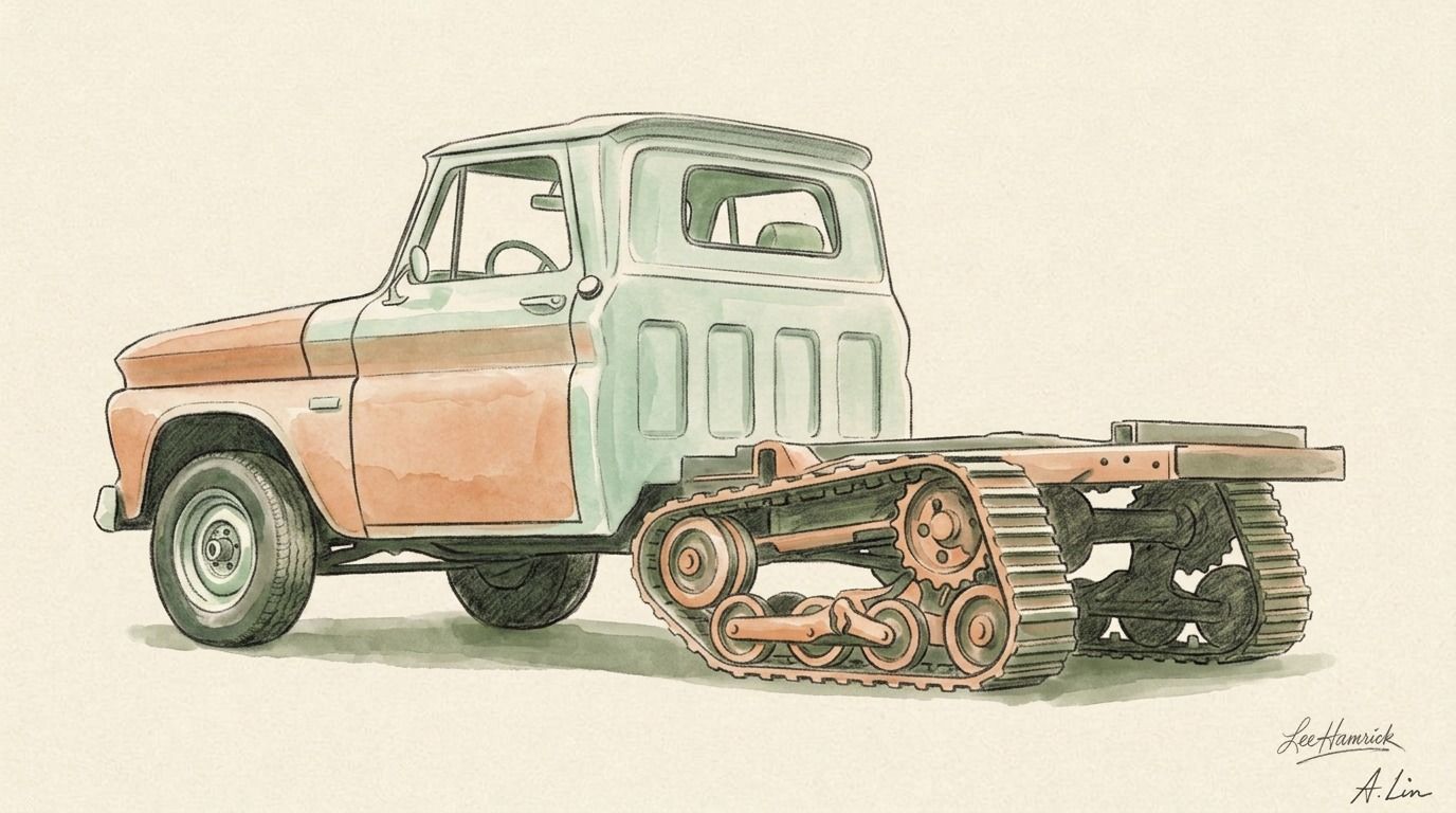 Barn-find vintage pickup half-track build, mid-restoration with rear track system installed and front wheels still fitted.