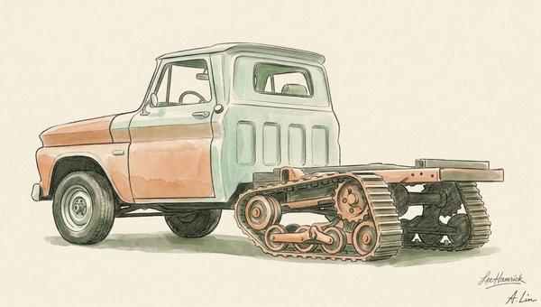 Barn-find vintage pickup half-track build, mid-restoration with rear track system installed and front wheels still fitted.