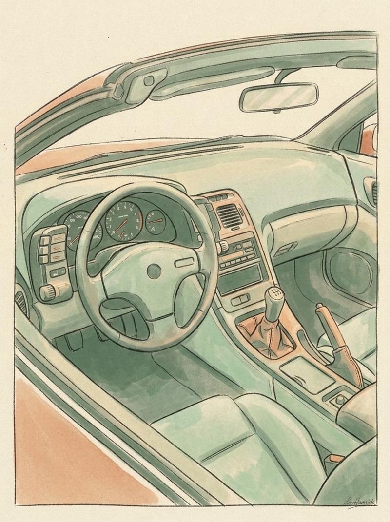 Driver's-seat perspective looking across the burgundy cloth interior of the 1990 Nissan 300ZX Twin-Turbo, with the five-speed shifter, instrument clus