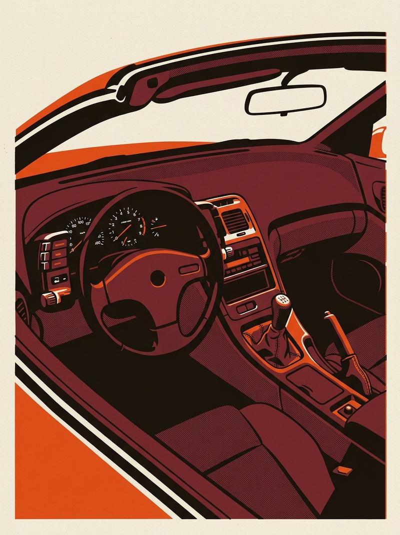 Driver's-seat perspective looking across the burgundy cloth interior of the 1990 Nissan 300ZX Twin-Turbo, with the five-speed shifter, instrument clus