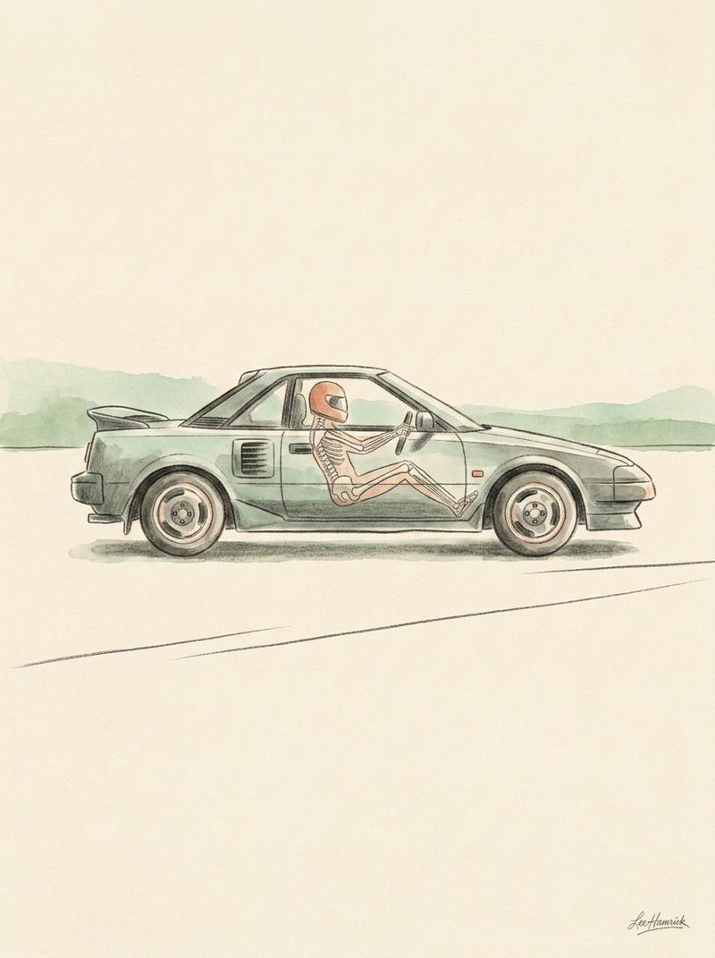 A conceptual split-frame showing a driver's body position and weight distribution overlaid against the silhouette of a mid-engine sports car from the
