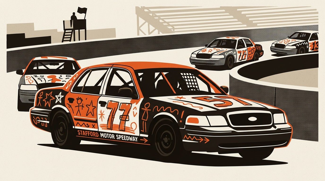 A post-2003 Ford Crown Victoria spec race car with roll cage, steel wheels, and spray-painted kindergarten-style decoration in yellow, on track at Sta