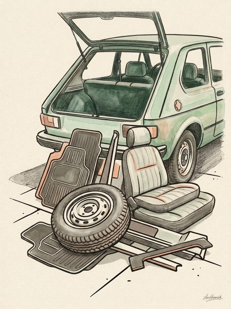 A pile of removed car parts (floor mats, spare tire, seat cushions, interior trim) stacked beside a hatchback's open trunk