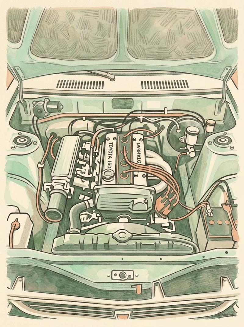 1972 Toyota Corolla restomod build, engine bay detail.