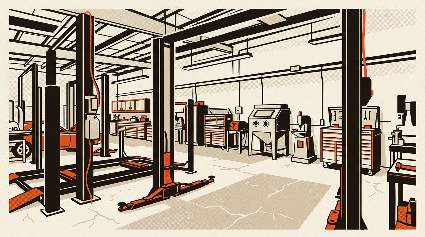 The John Harrah estate auction shop floor, featuring two-post and four-post lifts, Snap-On tool cabinets, and fabrication equipment arranged in a priv