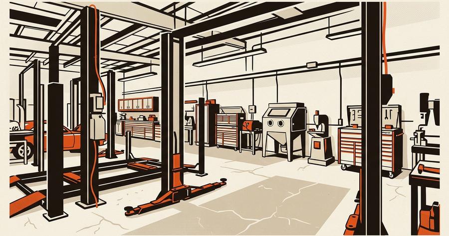 The John Harrah estate auction shop floor, featuring two-post and four-post lifts, Snap-On tool cabinets, and fabrication equipment arranged in a priv